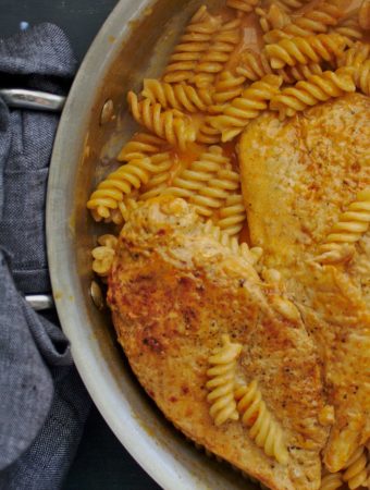 fusilli in creamy orange sauce with chicken