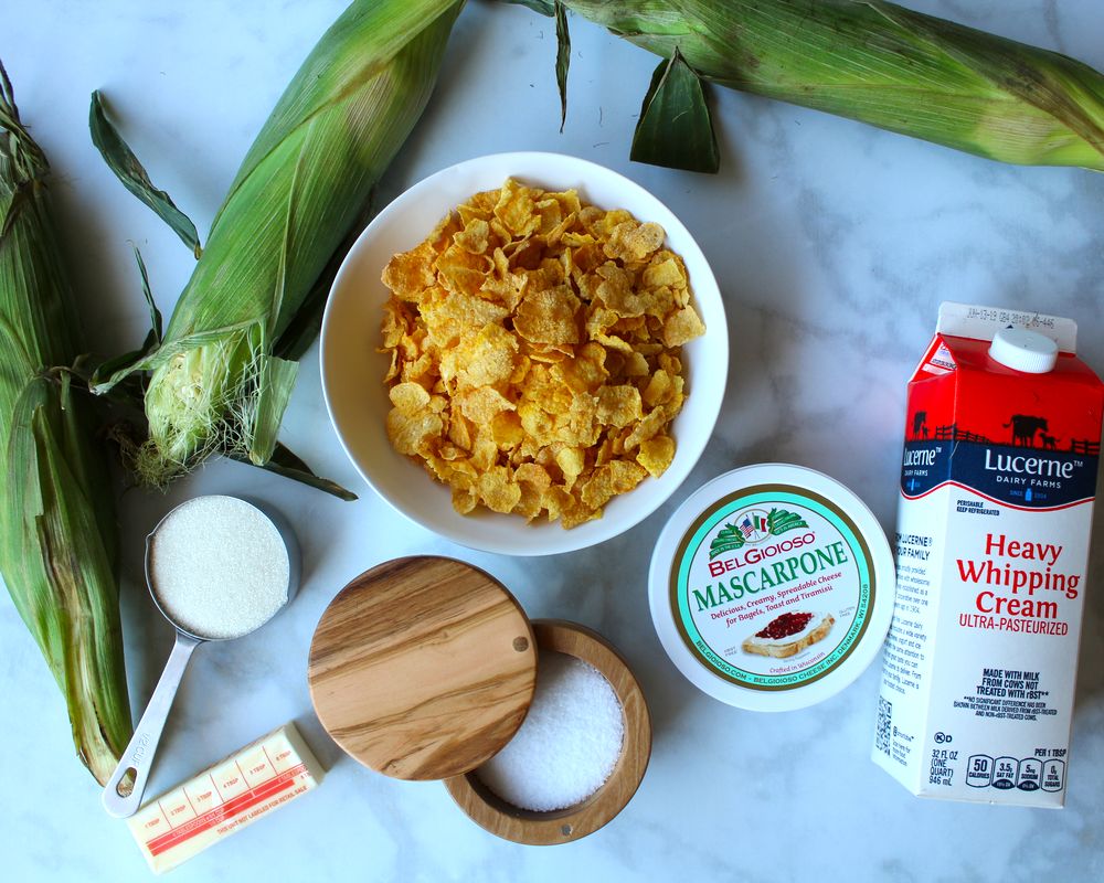 pie ingredients: corn flakes, corn on the cob, sugar, butter, salt, mascarpone, and heavy cream