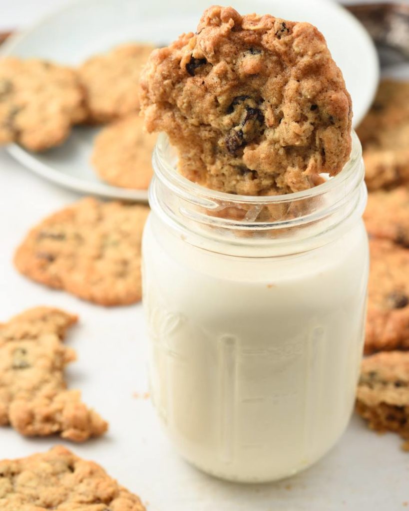 old fashioned oatmeal cookies with glass of milk