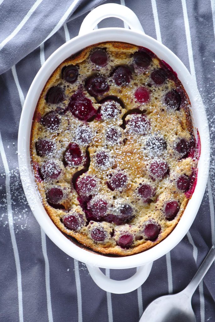 cherry clafoutis with powdered sugar