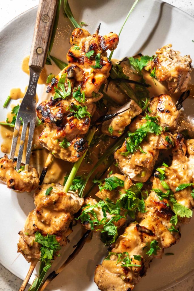 grilled chicken skewers with peanut sauce and lemongrass