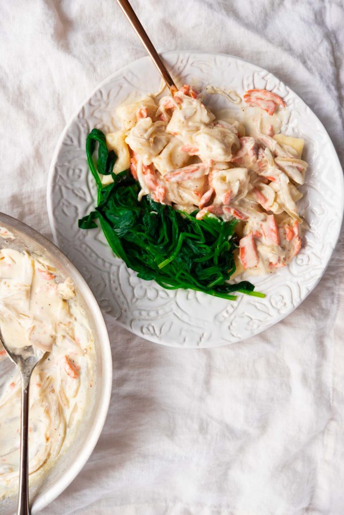 smoked salmon and shallot cream sauce with gnocchi and spinach