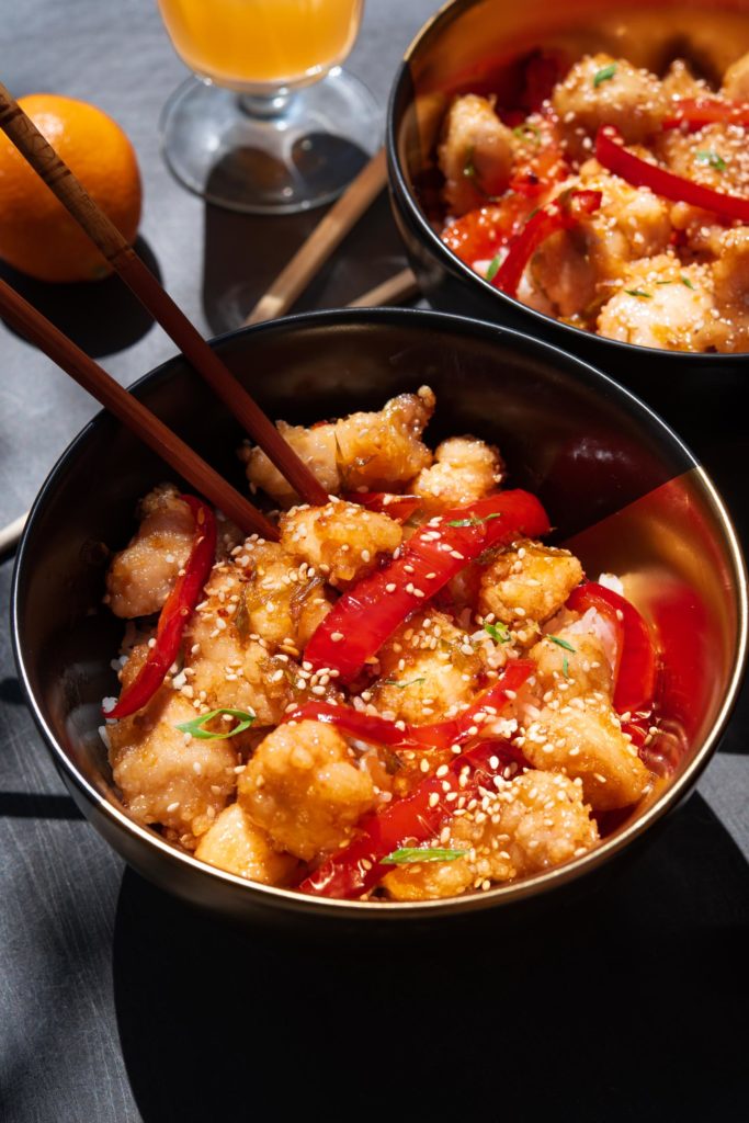 orange sweet and sour chicken and rice