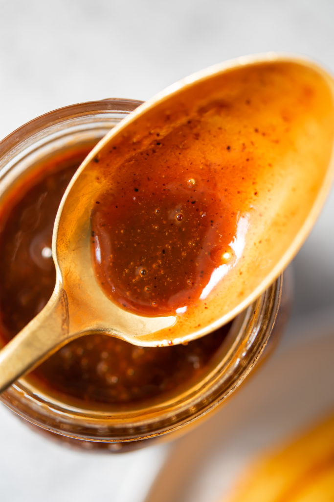 chamoy condiment sauce made with ancho chili, apricot jam, salt, sugar, and lime juice