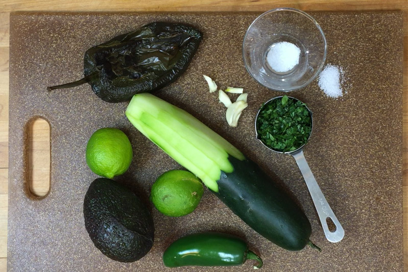 cilantro, oven roasted poblano pepper, garlic, salt, avocado, lime, jalapeno