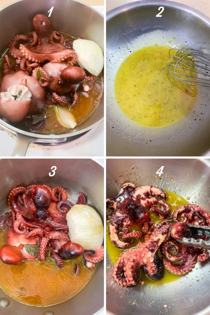 tenderizing octopus in a pot with wine and vinegar