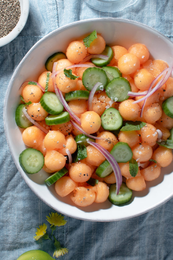 melon salad with cantaloupe, mint, and cucumber