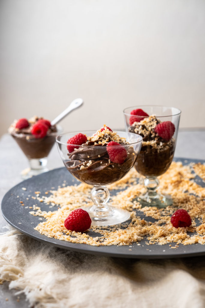 dairy free pudding parfaits with toasted coconut and fresh berries