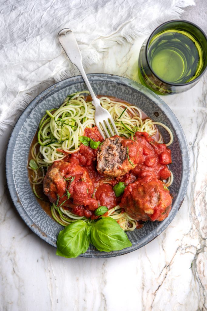 Italian meatballs, marinara, and zoodles