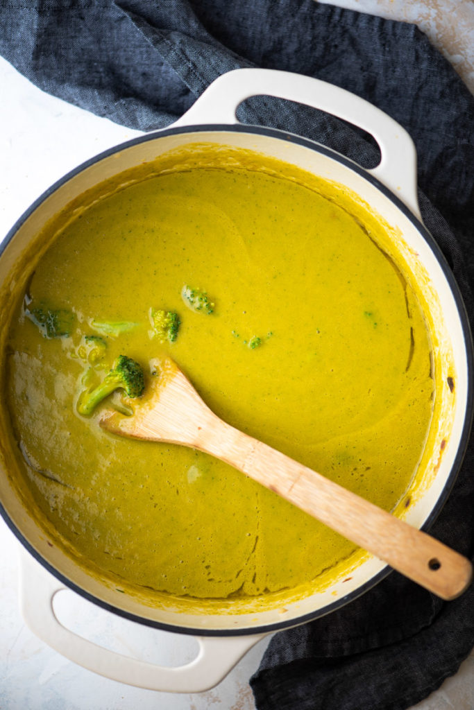 vegan broccoli soup in dutch oven