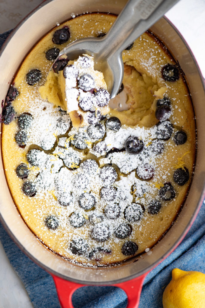 blueberry clafoutis with gluten free rice flour and buttermilk