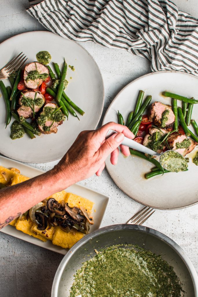 cilantro sauce served over seared pork tenderloin