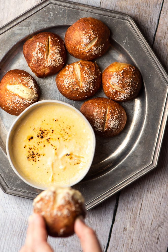 soft baked pretzel bites with cheese sauce