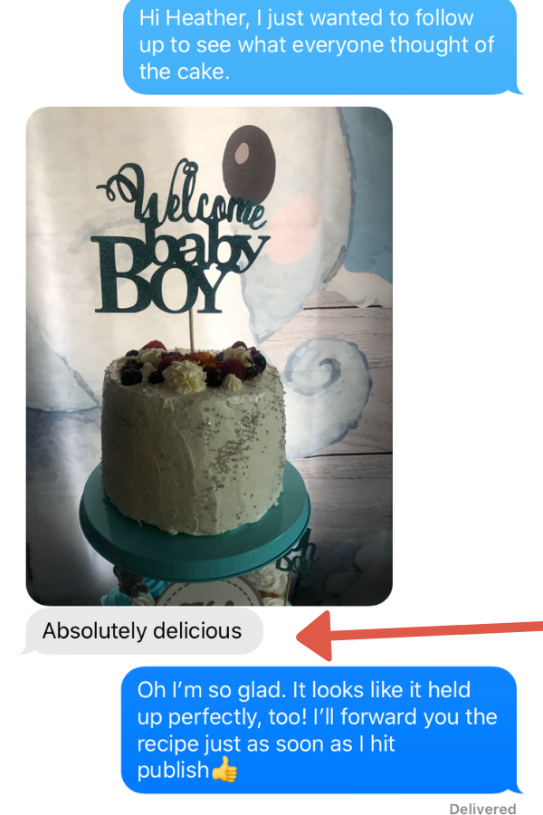 screen shot of positive review of cake