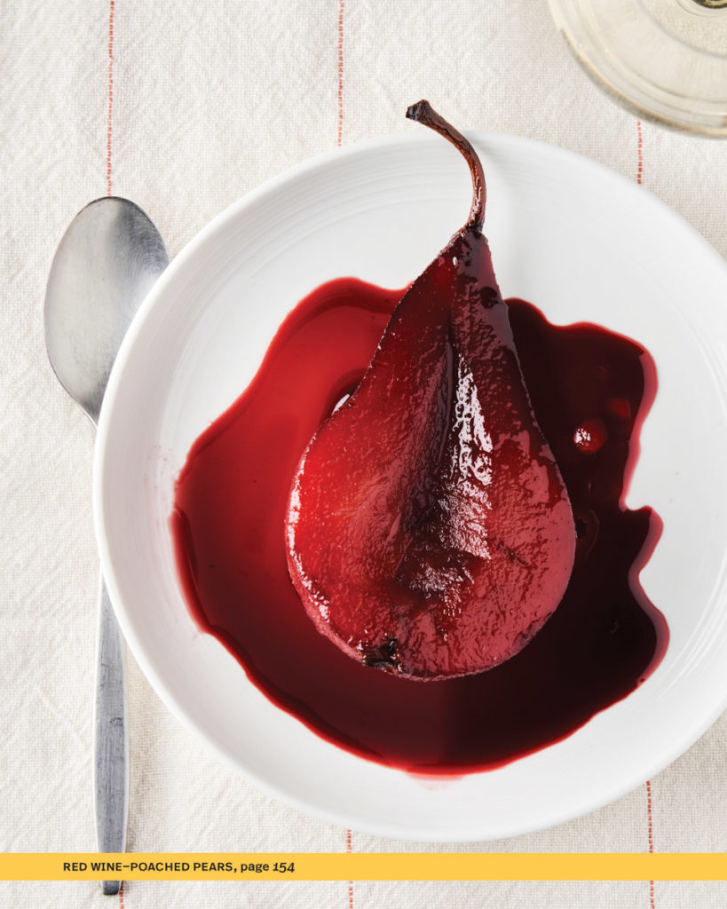 red wine poached pear in red wine sauce