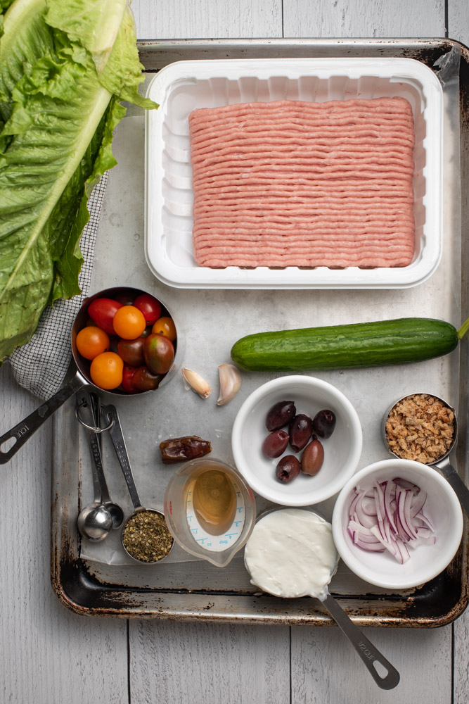 ground turkey, cherry tomatoes, cucumber, olives, breadcrumbs, yogurt, and vinegar